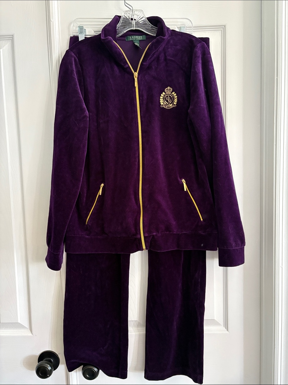 Ralph Lauren Purple and Gold Velour Women’s track suit embroidered Old Money